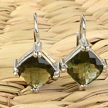 Earrings with moldavite diamond 8 x 8mm checker top Ag 925/1000 + Rh