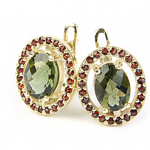 Earrings gold with moldavite and garnets oval checker Au 585/1000 5,76g