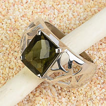 Prsten broušený s vltavínem obdélník 12 x 10mm checker top Ag 925/1000 Rh