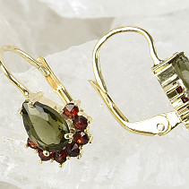 Earrings moldavite and garnets 8 x 5mm gold Au 585/1000 3,30g