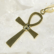 Cross pendant with moldavite gold Au 585/1000 14K 2,03g
