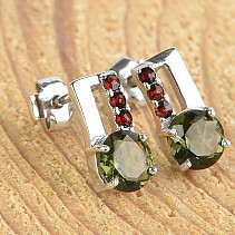 Earrings of moldavite and garnets round 6mm standard cut Ag 925/1000 Rh
