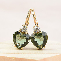 Earrings of moldavite and zircons heart 8 x 8mm 14K gold Au 585/1000 3.07g